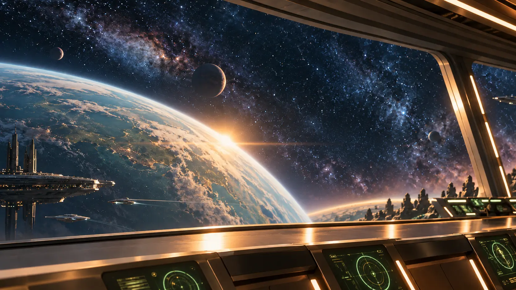 Futuristische Raumstation mit Blick auf Planeten und Sterne